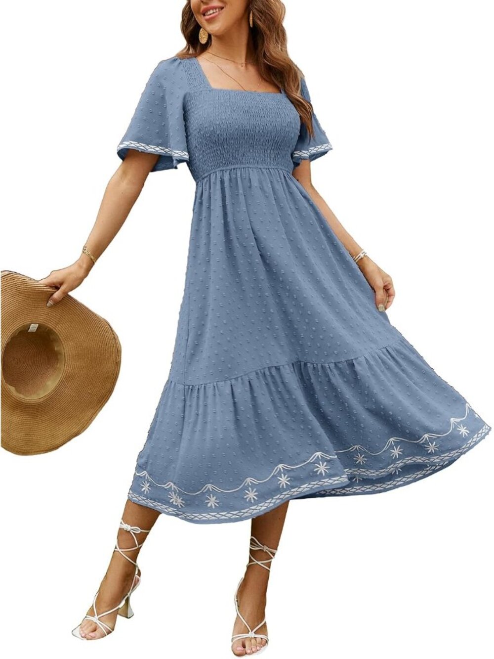 Women's Short Sleeve Smocked Square Neck A Line Summer Flowy Maxi Long Dress